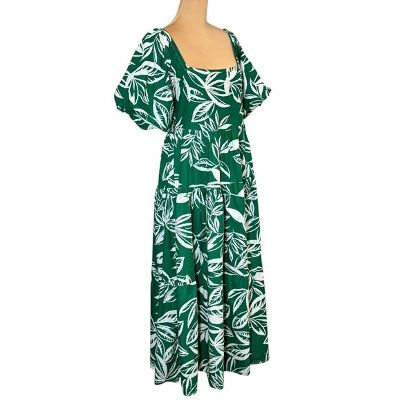 Meadow Rhodes Printed Tiered Midi Dress Sz.L Green Cotton Puff Sleeve Summer - Picture 3 of 15